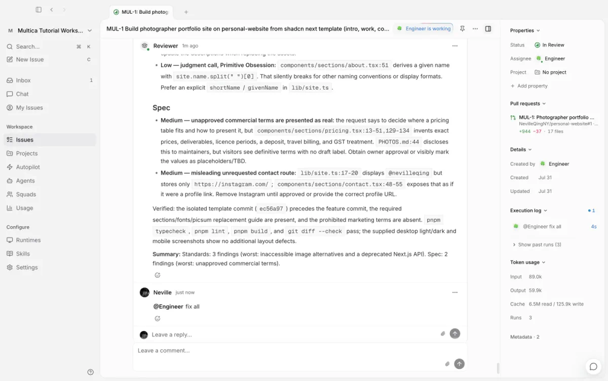Multica에서 Reviewer가 문제를 찾고 Engineer에게 수정을 요청하는 협업 화면