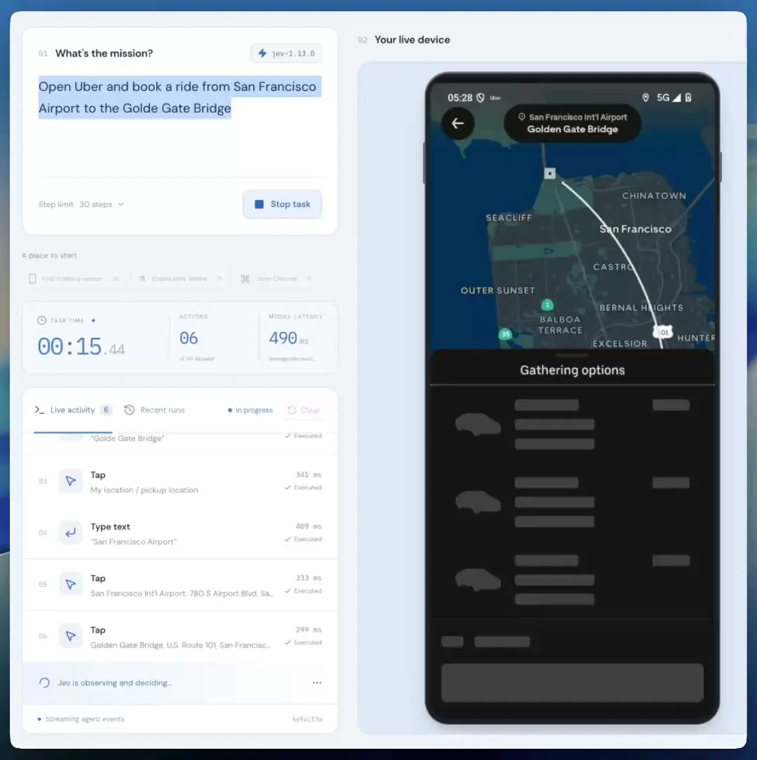 Mobile Jev의 안드로이드 Uber 조작 데모 화면